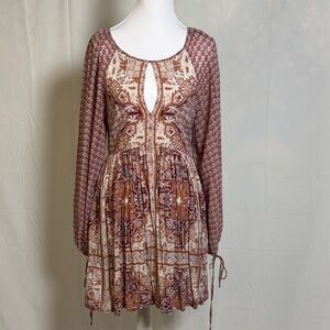 Free People Long Sleeve Dress in Brown Mauve and Cream